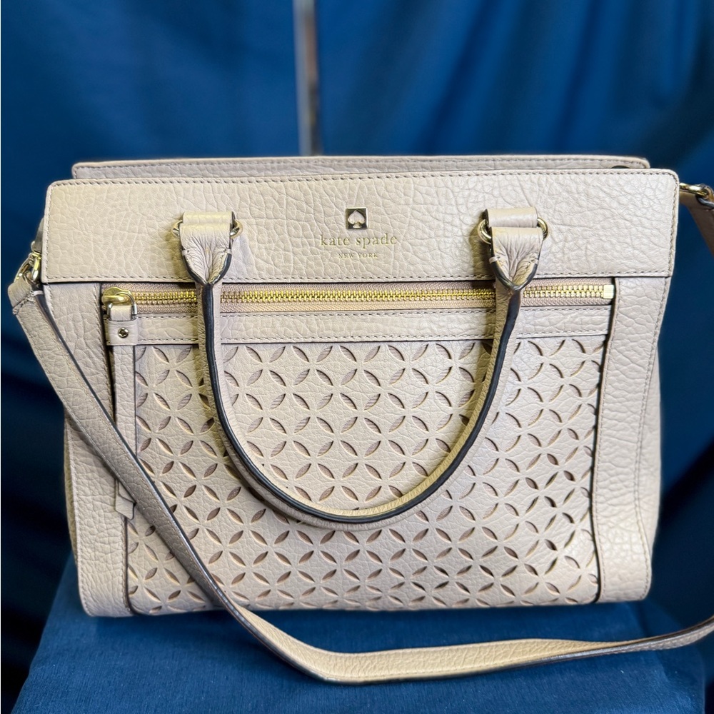 KATE SPADE Taupe Tan Gray Etched Leather Double Handle Crossbody Satchel Bag
